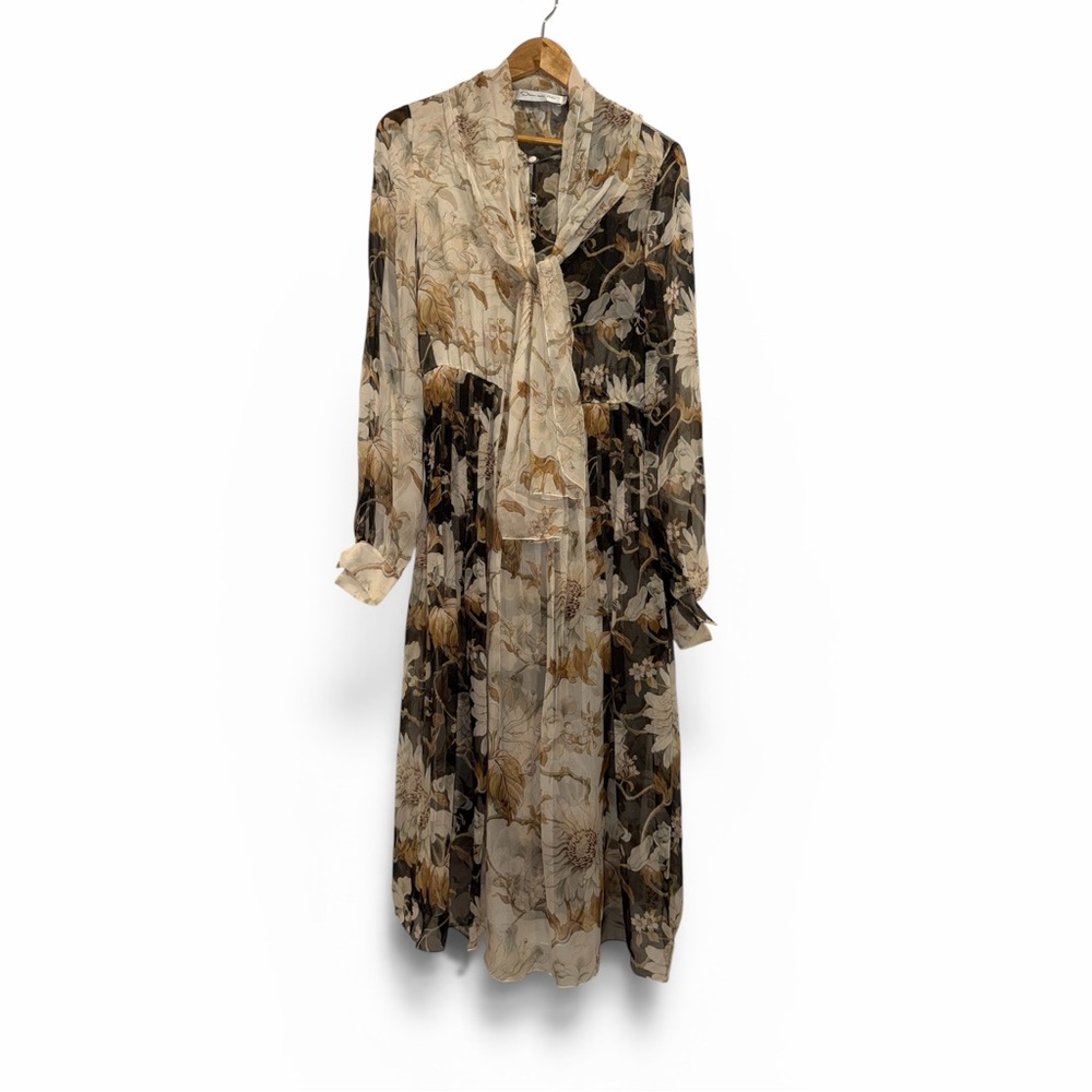 Oscar de la Renta Black Cream Midi Dress Silk Floral Tie Neck 6 Formal Wedding - Picture 4 of 15